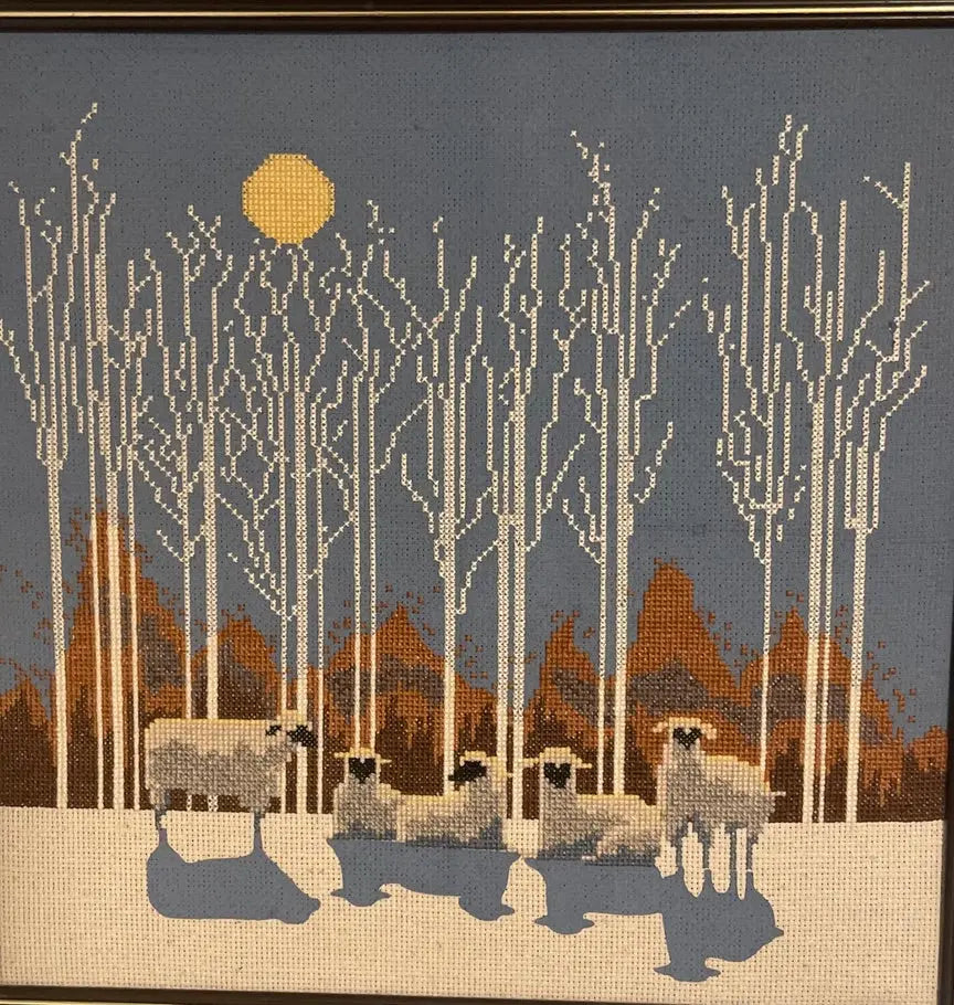 Sheep in The Moonlight Cross Stitched Artwork Hunted & Gathered