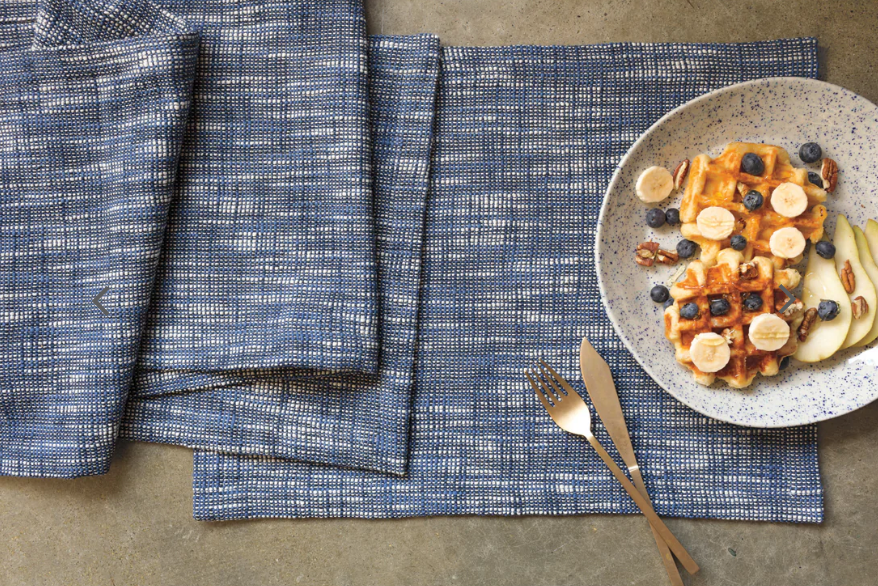 Deep Blue in colour. featuring a unique slub spun cotton texture.