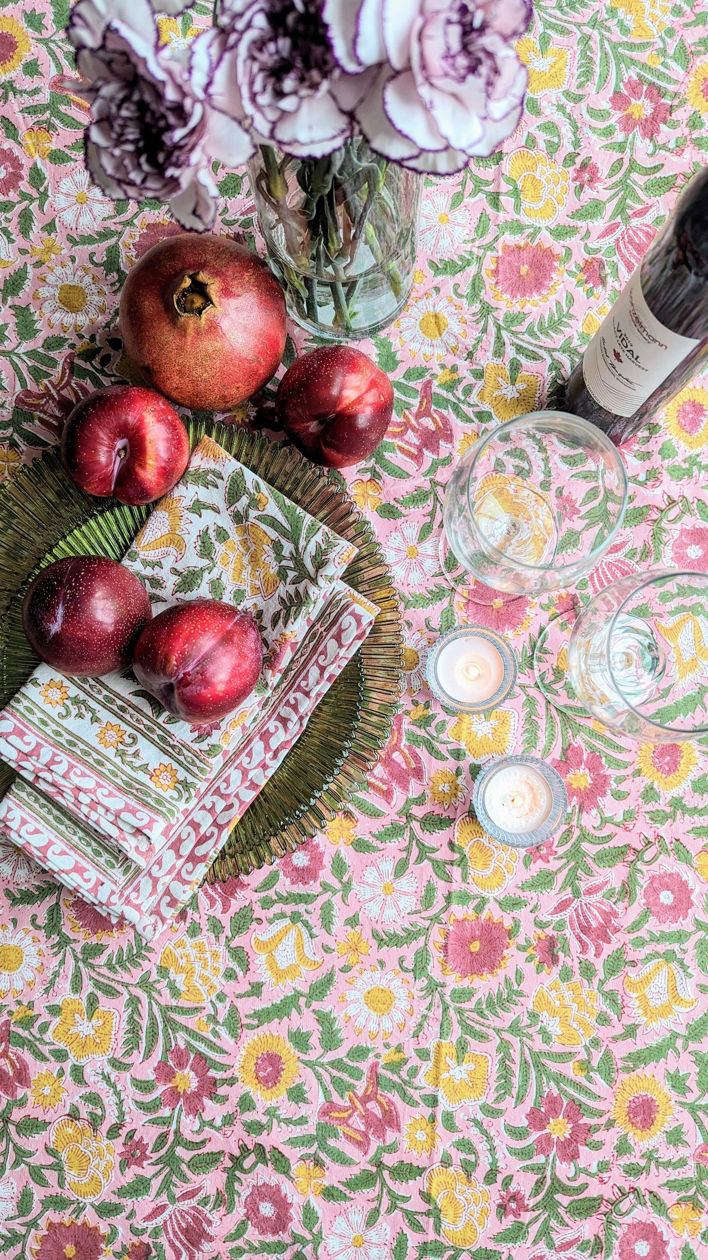 Floral Patterned Block Printed Tablecloth and Napkin set